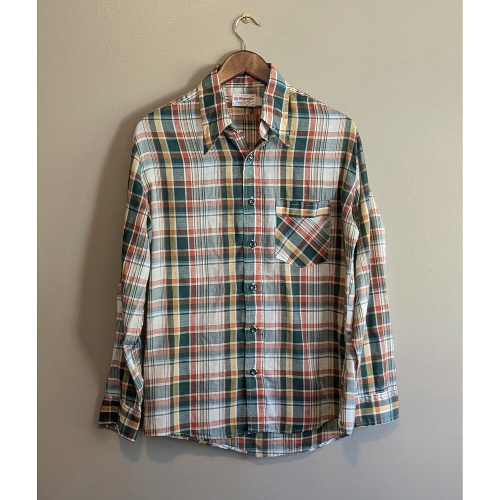 Vintage 70s Wrangler Mens Medium Green Plaid Western Button Up Shirt VTG M